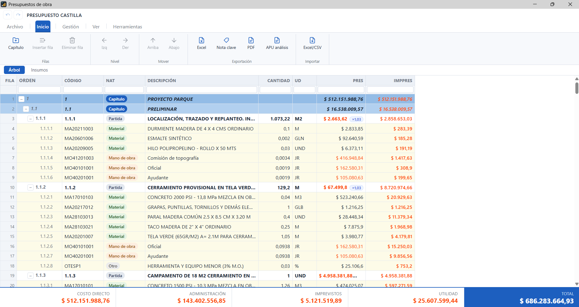 Presupuesto de obra en ADOS Presupuesto: árbol de capítulos, partidas e insumos con costo directo, AIU y total